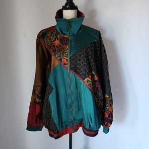 Vintage Casual Isle Patchwork Bomber Jacket Full-Zip Pockeet Multicolor